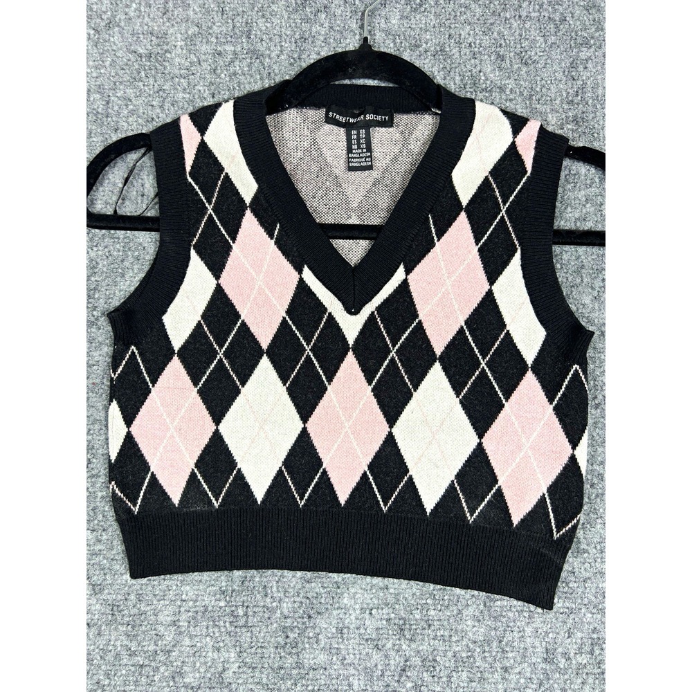 Streetwear Society XS Argyle Sweater Vest Black Pink White V-Neck